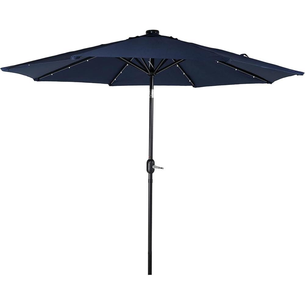 imageSunnydaze 9 ft Outdoor Patio Umbrella with Solar Lights Polyester LED Table Market Umbrella with PushButton Tilt and Crank BeigeNavy Blue