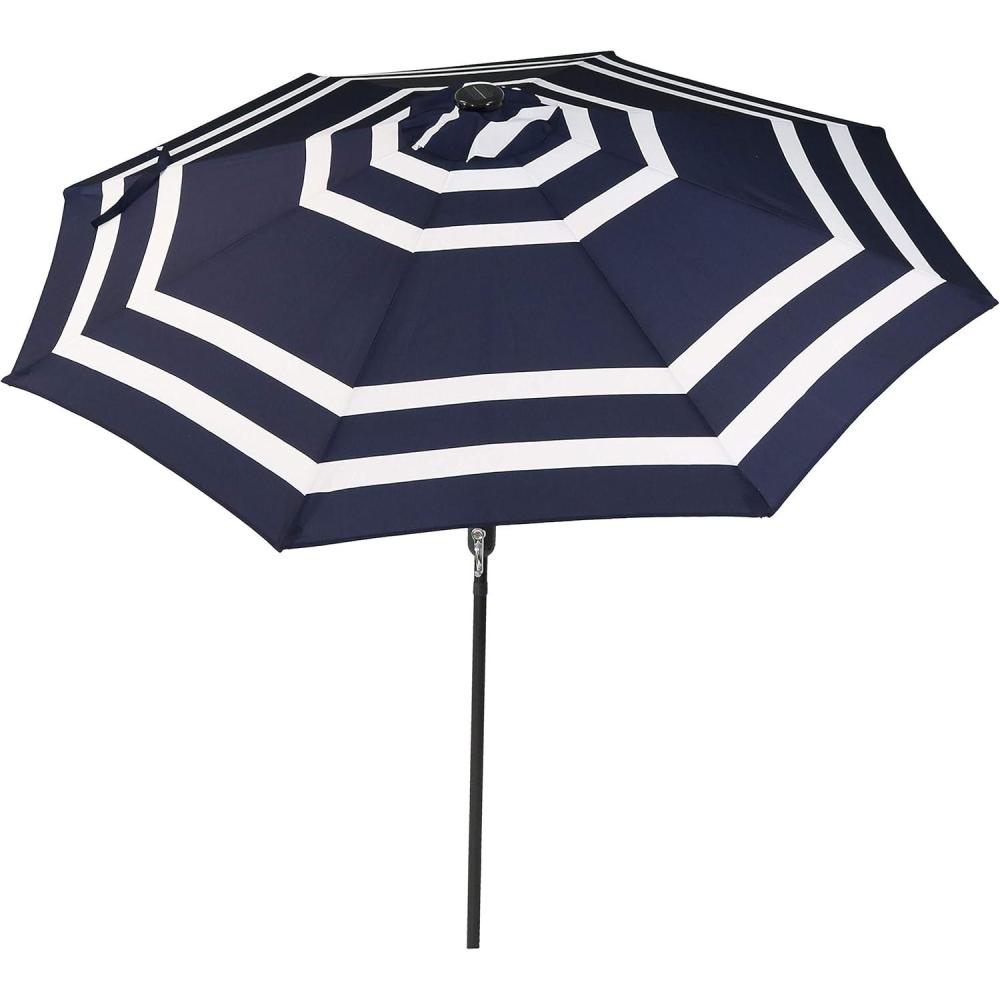 imageSunnydaze 9 ft Outdoor Patio Umbrella with Solar Lights Polyester LED Table Market Umbrella with PushButton Tilt and Crank BeigeNavy Blue Stripe