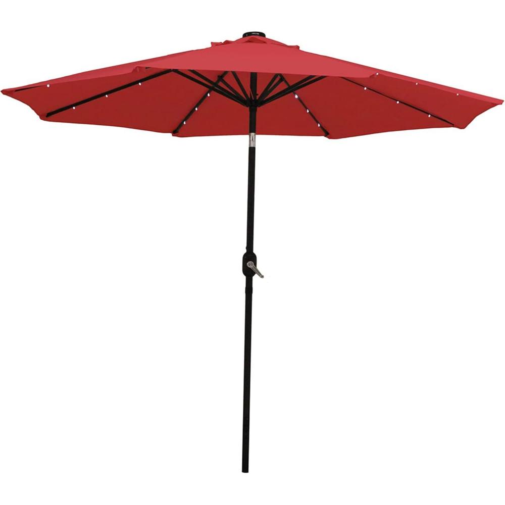 imageSunnydaze 9 ft Outdoor Patio Umbrella with Solar Lights Polyester LED Table Market Umbrella with PushButton Tilt and Crank BeigeRed
