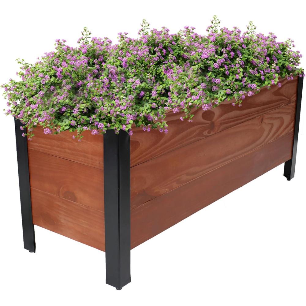 imageSunnydaze Acacia Wood Rectangular Planter Box  1475quot H Wooden Raised Garden Bed with Removable Polyethylene Planter Bag  BrownBrown