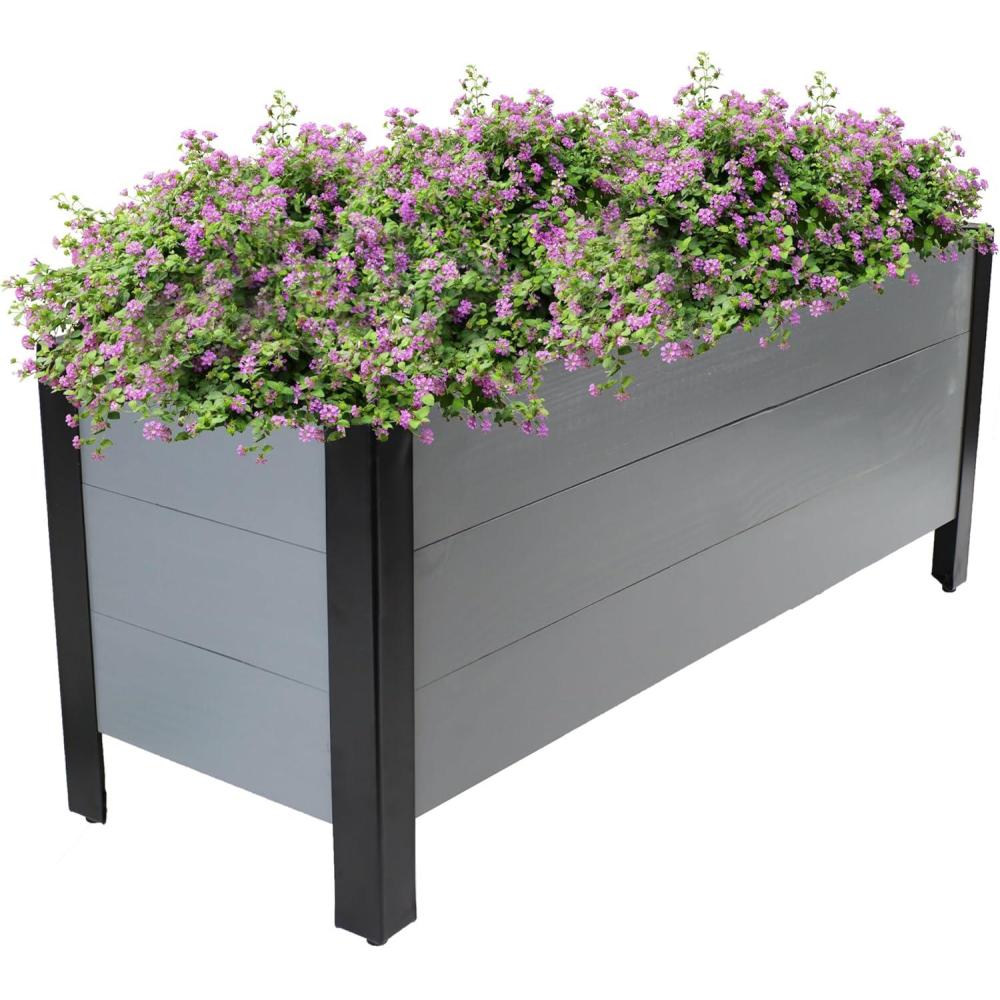 imageSunnydaze Acacia Wood Rectangular Planter Box  1475quot H Wooden Raised Garden Bed with Removable Polyethylene Planter Bag  BrownGray