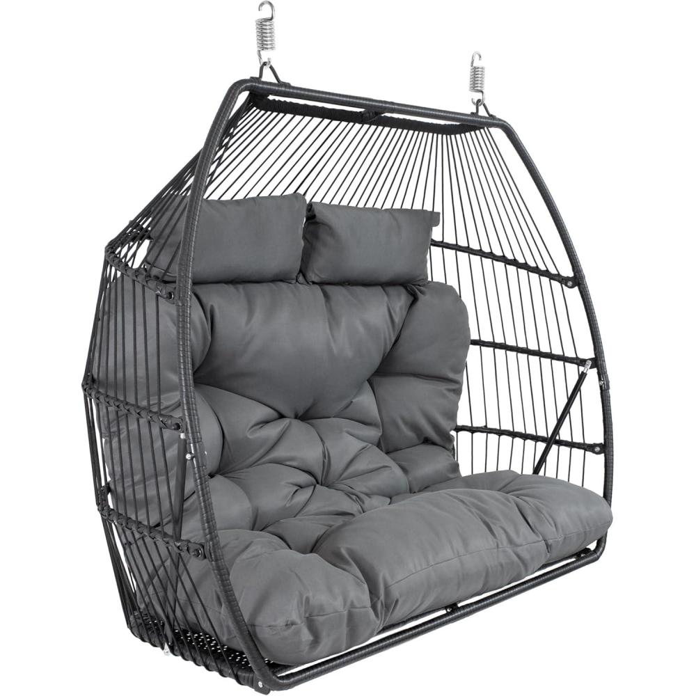 imageSunnydaze Andrei Double Hanging Egg Chair with Cushion  2Person Outdoor Egg Chair  Includes Polyester Cushion  Dark Gray
