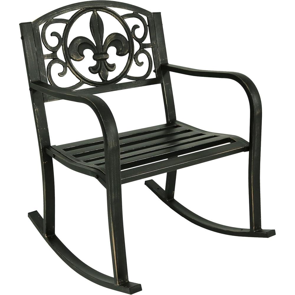 imageSunnydaze FleurdeLis Cast Iron and Steel Patio Rocking Chair  275Pound Weight Capacity  Black