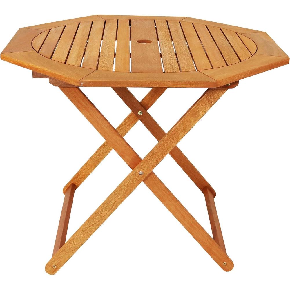 imageSunnydaze Folding Meranti Wood Outdoor Dining Table with Umbrella Hole Foldable Teak Patio Table Teak Oil Finish Octagon
