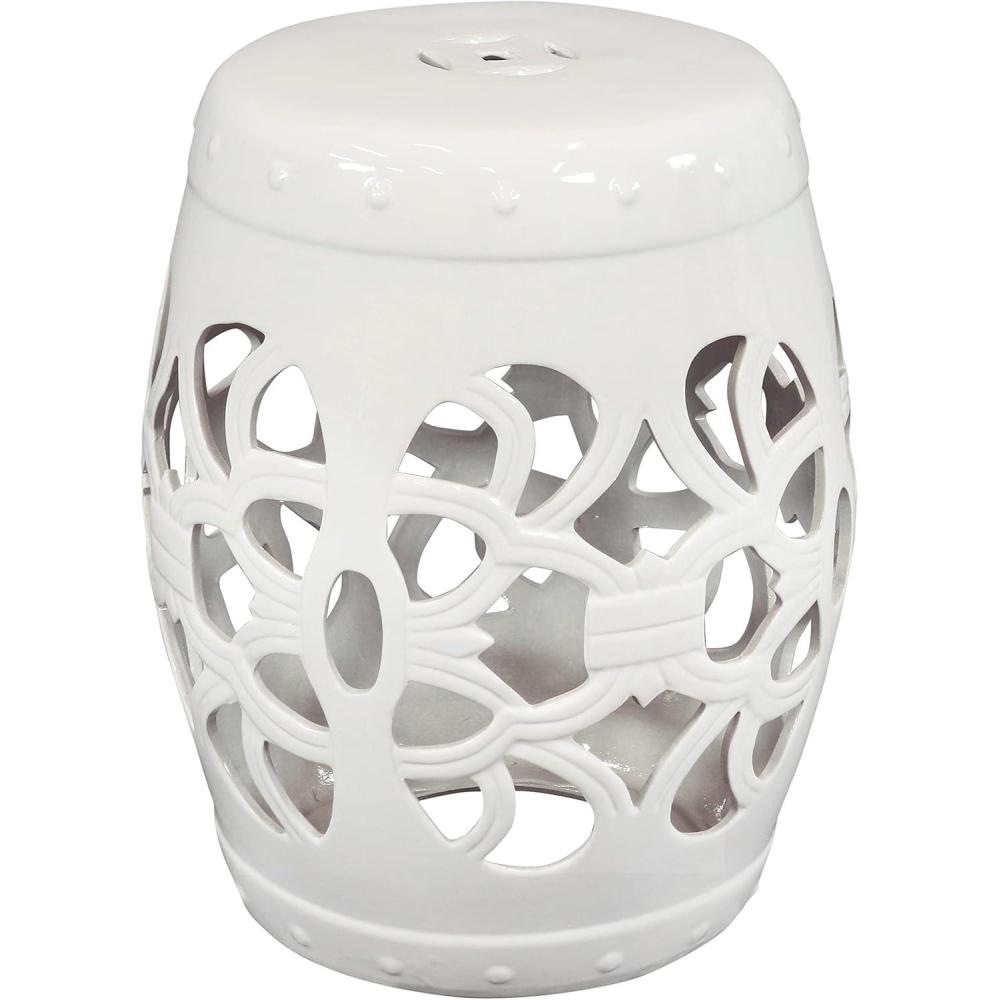 imageSunnydaze Knotted Quatrefoil Ceramic Garden Stool Side Table Indoor or Outdoor 18Inch H White Glazed FinishWhite