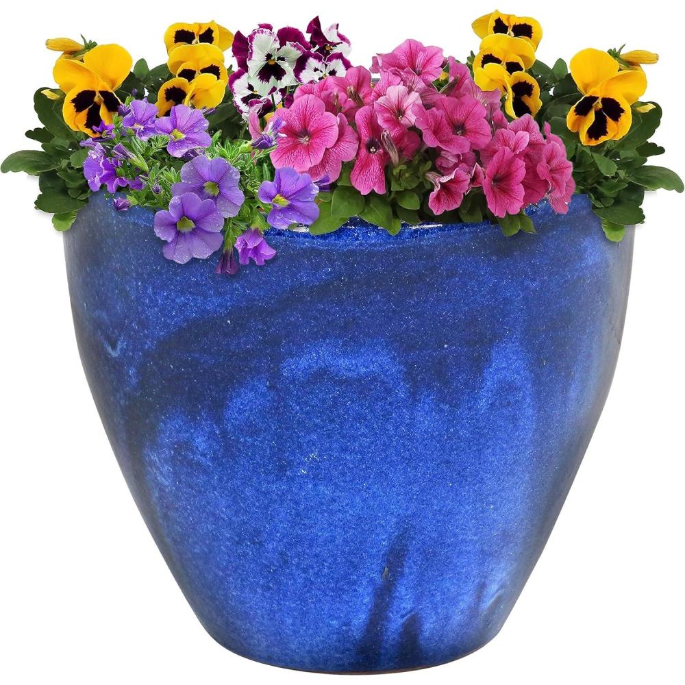 imageSunnydaze Large Ceramic Plant Pot Round Outdoor Glazed Ceramic Planter Pot with Drainage Studio Imperial Blue 185quotImperial Blue