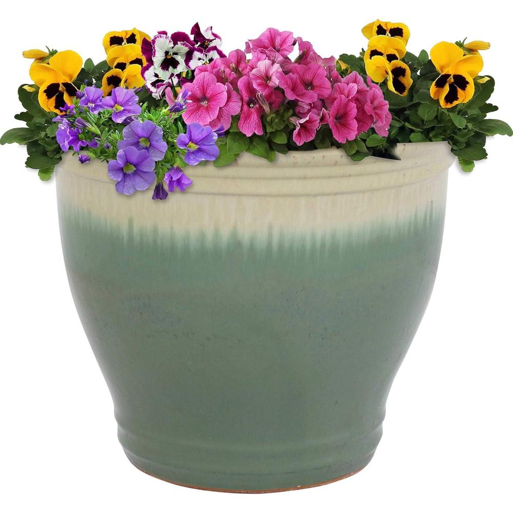 imageSunnydaze Large Ceramic Plant Pot Round Outdoor Glazed Ceramic Planter Pot with Drainage Studio Imperial Blue 185quotSeafoam