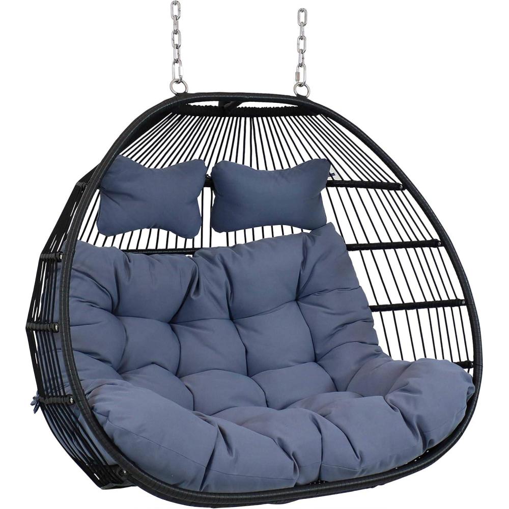 imageSunnydaze Liza Loveseat Egg Chair with Gray Polyester Cushions  Black Wicker Frame  550Pound Capacity  43 Inches Tall