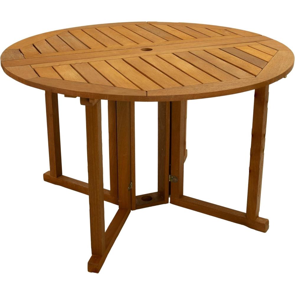 imageSunnydaze Malaysian Hardwood Folding Gateleg Patio Dining Table with Teak Oil Finish  4Person SpaceSaving Round Outdoor Table  4725 D x 29quot H