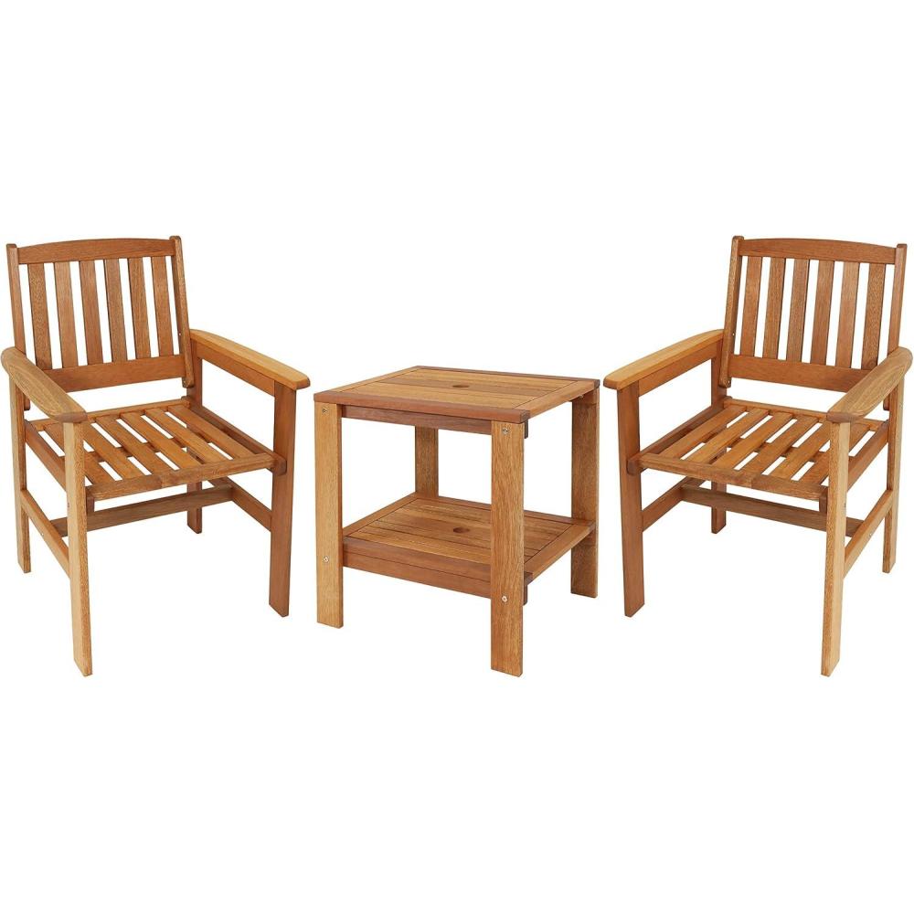 imageSunnydaze Meranti Wood 3Piece Outdoor Patio Conversation Set 2 Chairs and 1 Table Teak Oil Finish
