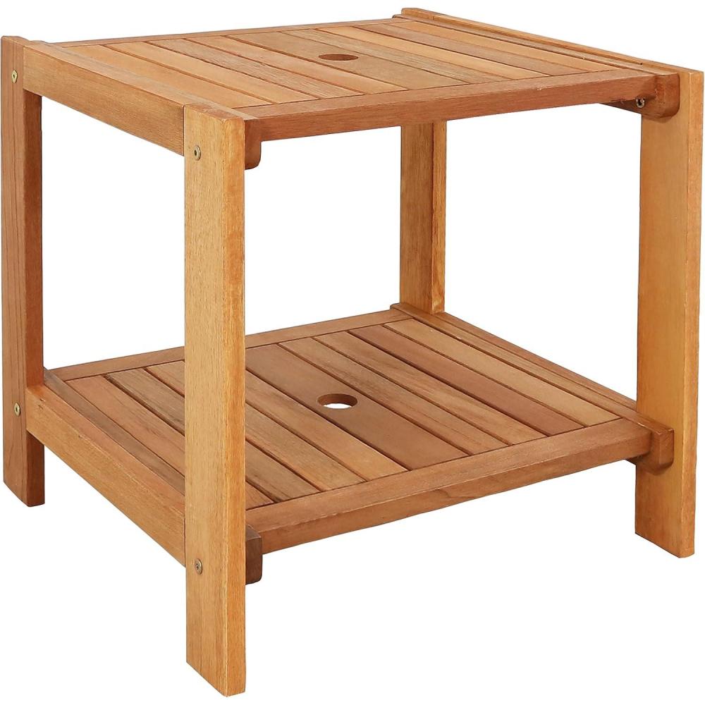 imageSunnydaze Meranti Wood Adirondack Side Table for Patio  Outdoor End Table with Umbrella Hole  Teak Oil Finish  20Inch