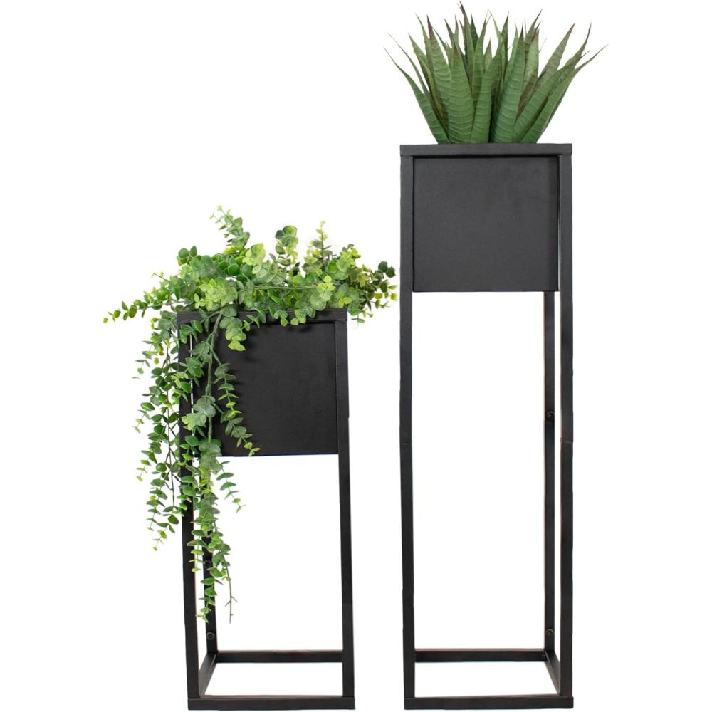 imageSunnydaze Modern Simplicity 825quot Square Metal Raised Planter Box with Legs Set of 2 Indoor or Outdoor Use Black 27quot H and 1975quot HBlack