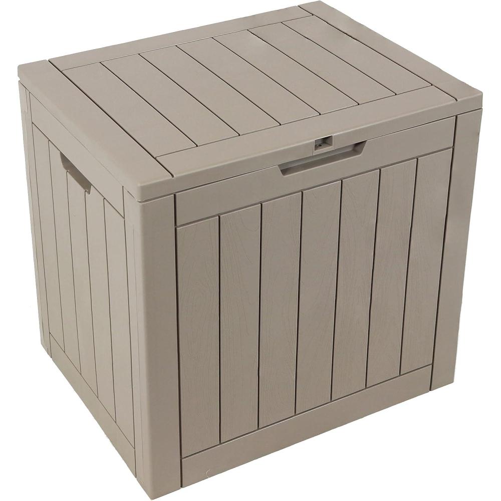 imageSunnydaze Outdoor Deck Box Lockable Package Delivery Box WeatherResistant Outdoor Storage Bin 32Gallon Faux Plank DriftwoodDriftwood
