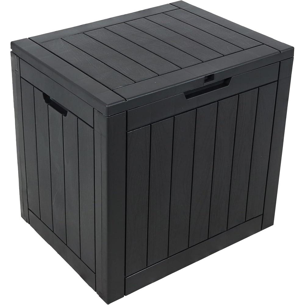 imageSunnydaze Outdoor Deck Box Lockable Package Delivery Box WeatherResistant Outdoor Storage Bin 32Gallon Faux Plank DriftwoodPhantom Gray