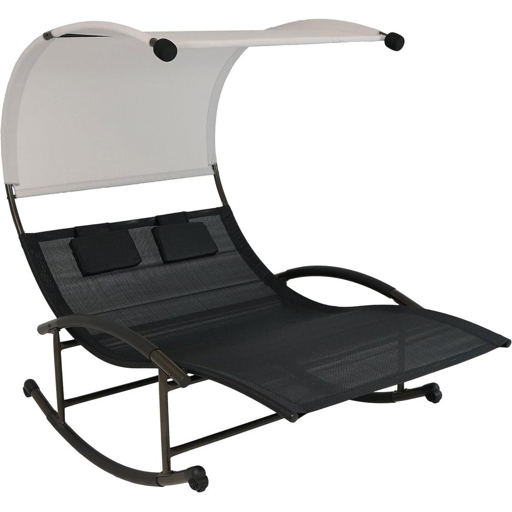 imageSunnydaze Outdoor Double Chaise Rocking Lounge Chair with Canopy and Headrest Pillows Black and White with PowderCoated Frame