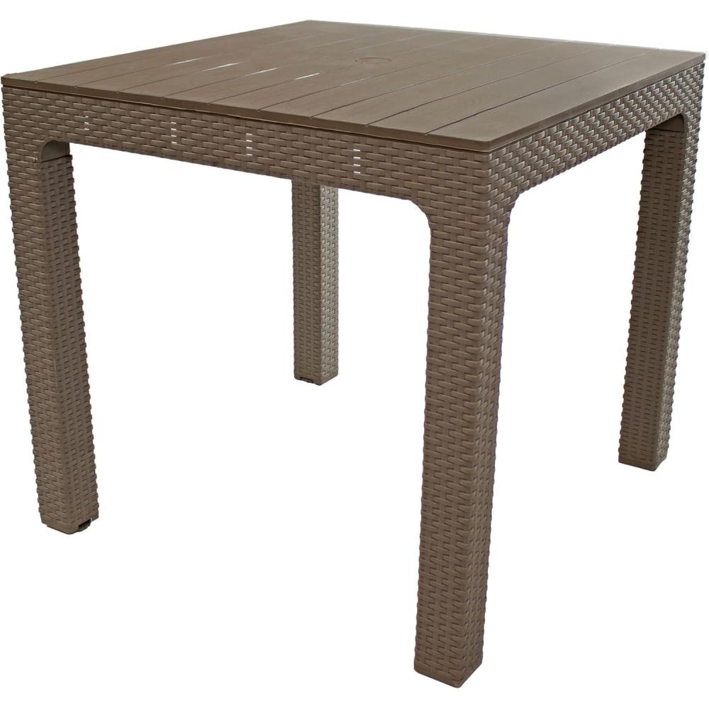 imageSunnydaze Plastic Square Patio Table with Umbrella Hole  Faux Woodgrain Top  Indoor or Outdoor Use  Champagne  295quot H