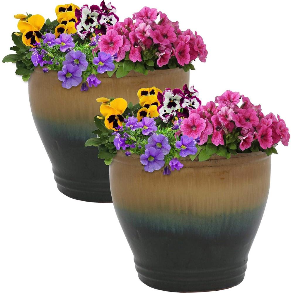 imageSunnydaze Round Ceramic Planter  Set of 2 Indoor or Outdoor Plant Pots with Drainage Hole  Chalet  12quot  Imperial Blue GlazeForest Lake Green