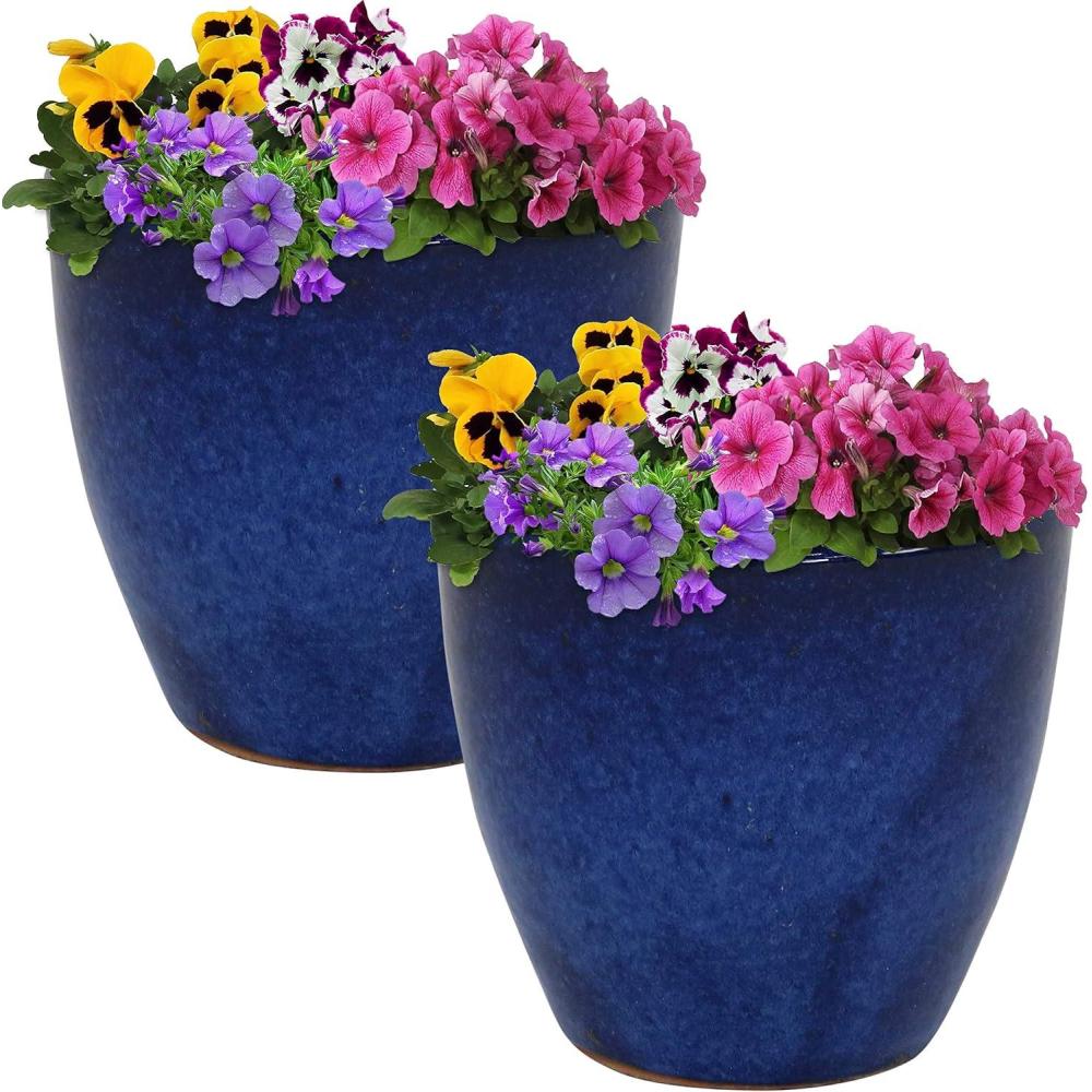 imageSunnydaze Round Ceramic Planter  Set of 2 Indoor or Outdoor Plant Pots with Drainage Hole  Chalet  12quot  Imperial Blue GlazeImperial Blue