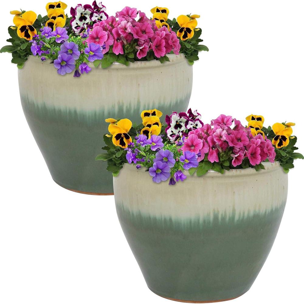 imageSunnydaze Round Ceramic Planter Set of 2 Indoor or Outdoor Plant Pots with Drainage Hole Chalet 12quot Imperial Blue GlazeSeafoam