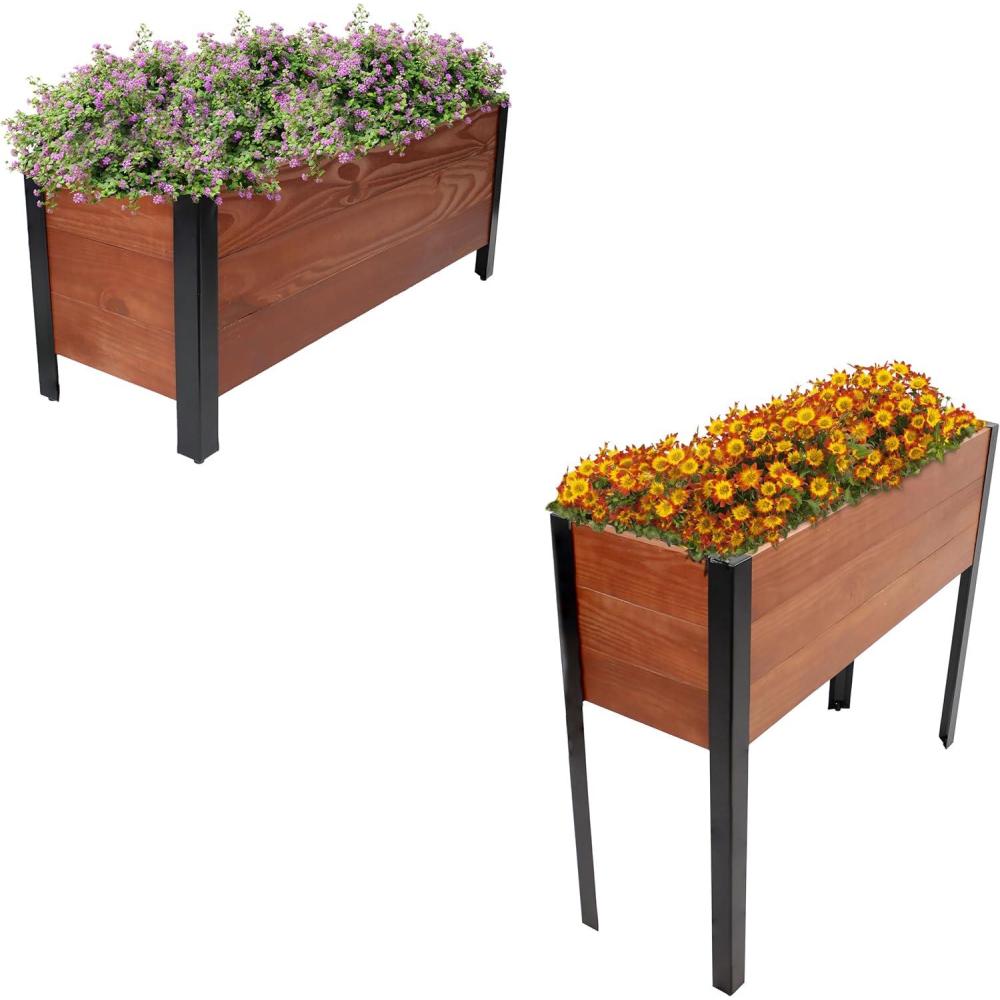 imageSunnydaze Set of 2 Acacia Planter Boxes with PowderCoated Steel Frame  1475quot H and 31 H  Removable Planter Bags  Brown