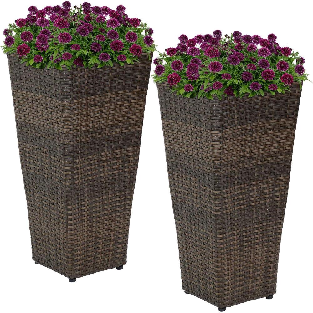 imageSunnydaze Set of 2 Square Tall Wicker Planters Polyrattan Rectangular Large Plastic planters for Outdoor Plants 24Inches Tall Brown24 in