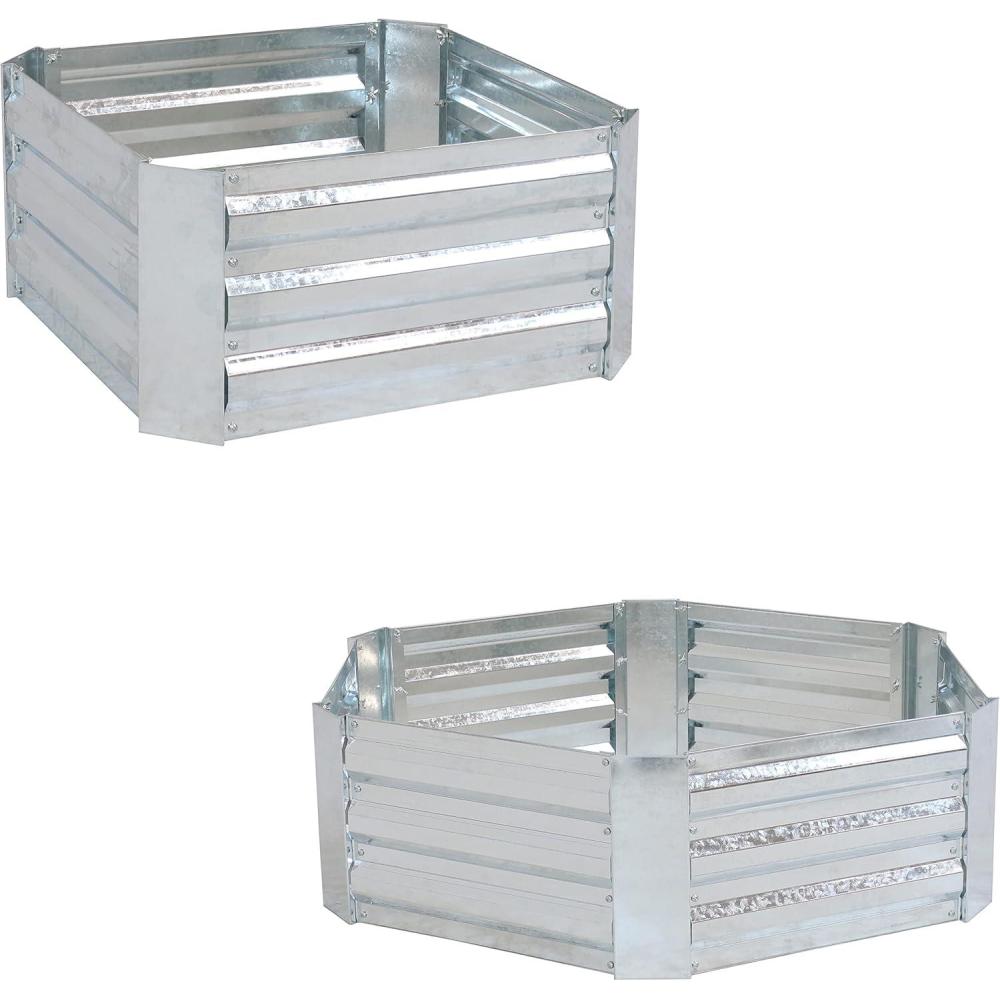 imageSunnydaze Silver Corrugated Galvanized Steel 24quot x 1175quot Square Planter and 405quot x 1175quot Hexagon Raised Garden Beds for Vegetables Plants and Flowers