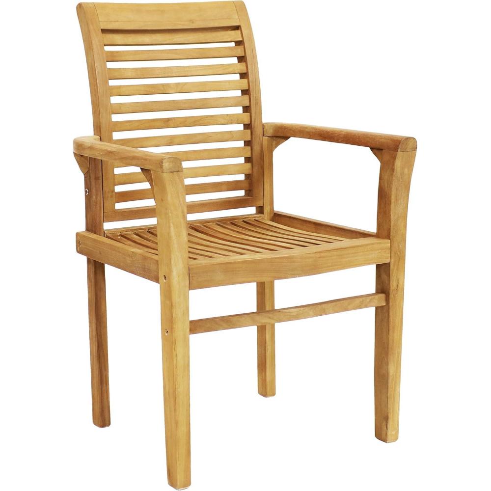 imageSunnydaze Solid Teak Outdoor Slatted Armchair  Light Brown Wood Stain Finish