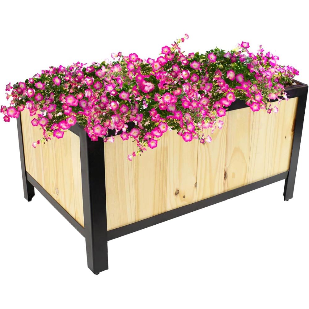 imageSunnydaze SteelFramed Acacia Wood Rectangular Planter Box  155quot H Wooden Raised Garden Bed with Removable Planter Bag  NaturalNatural