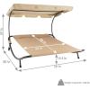 Sunnydaze Outdoor Double Chaise Lounge Bed with Canopy and Headrest Pillow – Beige Fabric with Black Powder-Coated Steel Frame