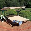 Sunnydaze Outdoor Double Chaise Lounge Bed with Canopy and Headrest Pillow – Beige Fabric with Black Powder-Coated Steel Frame