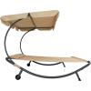 Sunnydaze Outdoor Double Chaise Lounge Bed with Canopy and Headrest Pillow – Beige Fabric with Black Powder-Coated Steel Frame