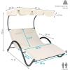 Sunnydaze Outdoor Double Chaise Lounge with Canopy Shade and Headrest Pillows – Beige Fabric with Black Powder-Coated Frame