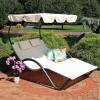 Sunnydaze Outdoor Double Chaise Lounge with Canopy Shade and Headrest Pillows – Beige Fabric with Black Powder-Coated Frame