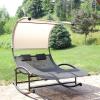 Sunnydaze Outdoor Double Chaise Rocking Lounge Chair with Canopy and Headrest Pillows – Black and White with Powder-Coated Frame