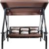 Sunnydaze 3-Seat Deluxe Patio Swing with Steel Frame and Canopy – 600-Pound Weight Capacity – Maroon Cushions Included(Brown Stripe/Black Frame)