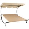 Sunnydaze Outdoor Double Chaise Lounge Bed with Canopy and Headrest Pillow – Beige Fabric with Black Powder-Coated Steel Frame