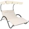 Sunnydaze Outdoor Double Chaise Lounge with Canopy Shade and Headrest Pillows – Beige Fabric with Black Powder-Coated Frame