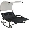 Sunnydaze Outdoor Double Chaise Rocking Lounge Chair with Canopy and Headrest Pillows – Black and White with Powder-Coated Frame