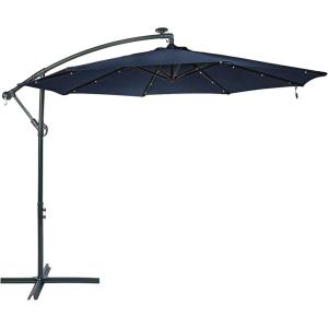 Sunnydaze 10′ Solar Offset Patio Umbrella – Solar Cantilever Umbrella Outdoor with LED Lights – Polyester Shade, Air Vent, & Cross Base(Navy Blue)