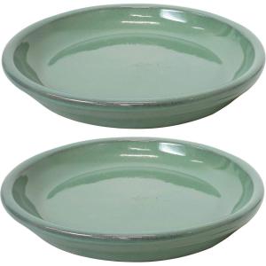 Sunnydaze 12-Inch Ceramic Plant Saucers – Plant Drip Trays for Outdoor Planter Flower Pot Drainage – Set of 2 – Imperial Blue(Seafoam)