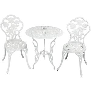 Sunnydaze 3-Piece Flower Designed Bistro Table Set with 2 Chairs, Outdoor Cast Aluminum, White(White Floral)