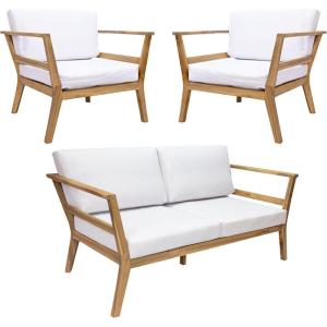 Sunnydaze 3-Piece Outdoor Patio Furniture Set – Bodie Acacia Wood Patio Conversation Set – Outdoor Seating with Cushions – Bone White