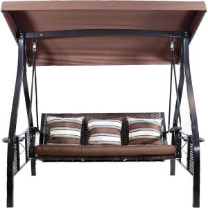 Sunnydaze 3-Seat Deluxe Patio Swing with Steel Frame and Canopy – 600-Pound Weight Capacity – Maroon Cushions Included(Brown Stripe/Black Frame)