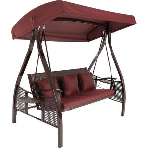 Sunnydaze 3-Seat Deluxe Patio Swing with Steel Frame and Canopy – 600-Pound Weight Capacity – Maroon Cushions Included(Maroon/Brown Frame)
