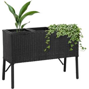 Sunnydaze 3-Section Wicker Raised Planter Box – 3 Removable Plastic Inserts – Above Ground Raised Garden Bed with Legs – 30.75″ W x 11.75″ D x 22″ H