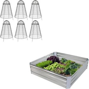 Sunnydaze 47″ W x 47″ D x 12″ H Silver Galvanized Raised Garden Bed and 6-Pack Chicken Wire Plant Protector Cages