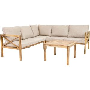 Sunnydaze 4-Piece Acacia Wood Patio Furniture Set – Edisto Outdoor Conversation Set – Wood Outdoor Furniture – Natural Gray(Light Brown)