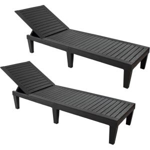 Sunnydaze 5-Position Outdoor Adjustable Chaise Lounge Chair – UV- and Weather-Resistant Polypropylene Resin – Wood-Look Design – Black – Set of 2(2)