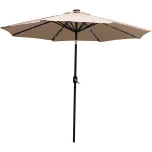 Sunnydaze 9 ft Outdoor Patio Umbrella with Solar Lights – Polyester LED Table Market Umbrella with Push-Button Tilt and Crank – Beige(Beige)