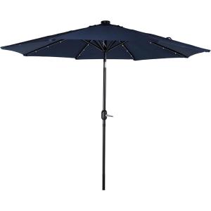 Sunnydaze 9 ft Outdoor Patio Umbrella with Solar Lights – Polyester LED Table Market Umbrella with Push-Button Tilt and Crank – Beige(Navy Blue)